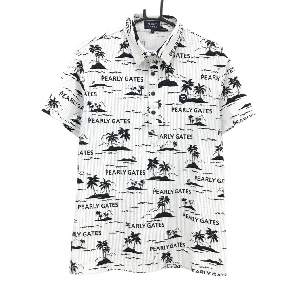 パーリーゲイツ 半袖ポロシャツ 白×黒 ヤシの木柄 ロゴ総柄  メンズ 6(XL) ゴルフウェア PEARLY GATES