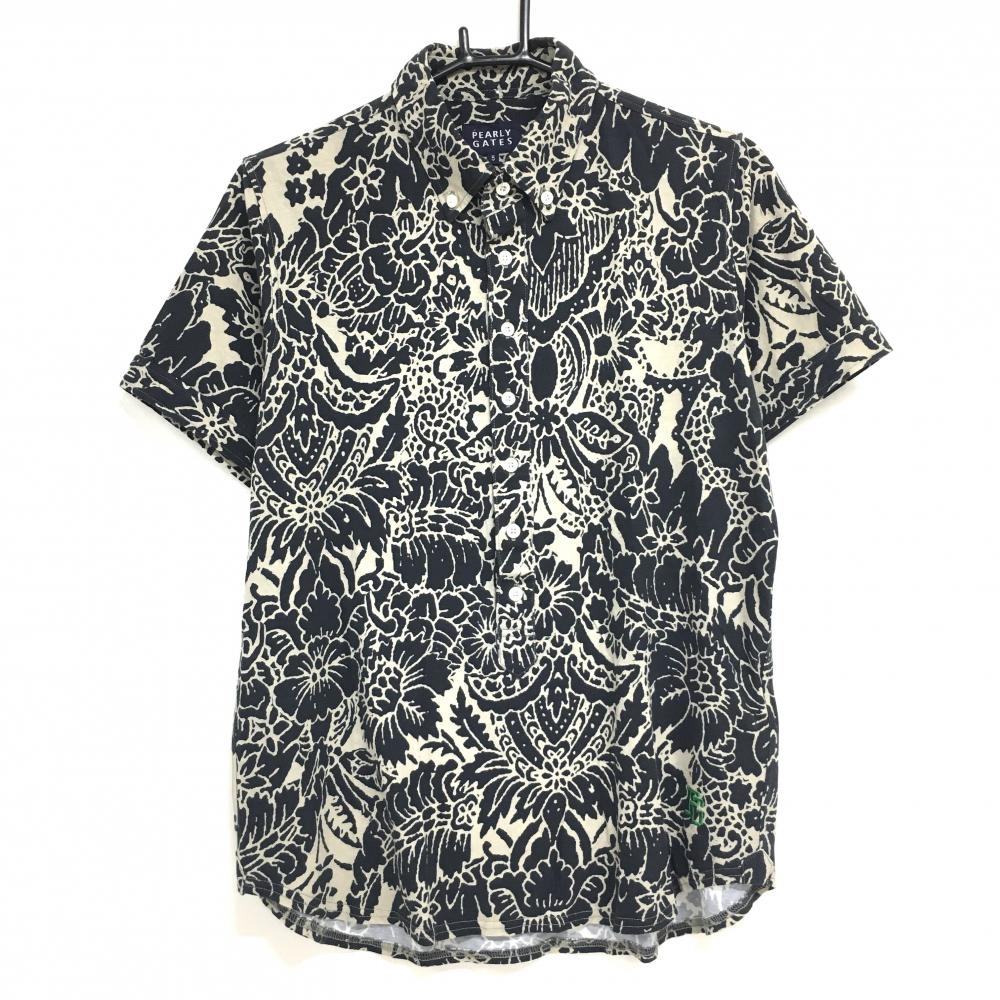 パーリーゲイツ 半袖ポロシャツ 黒×ベージュ 総柄 ボタンダウン  メンズ 5(L) ゴルフウェア PEARLY GATES
