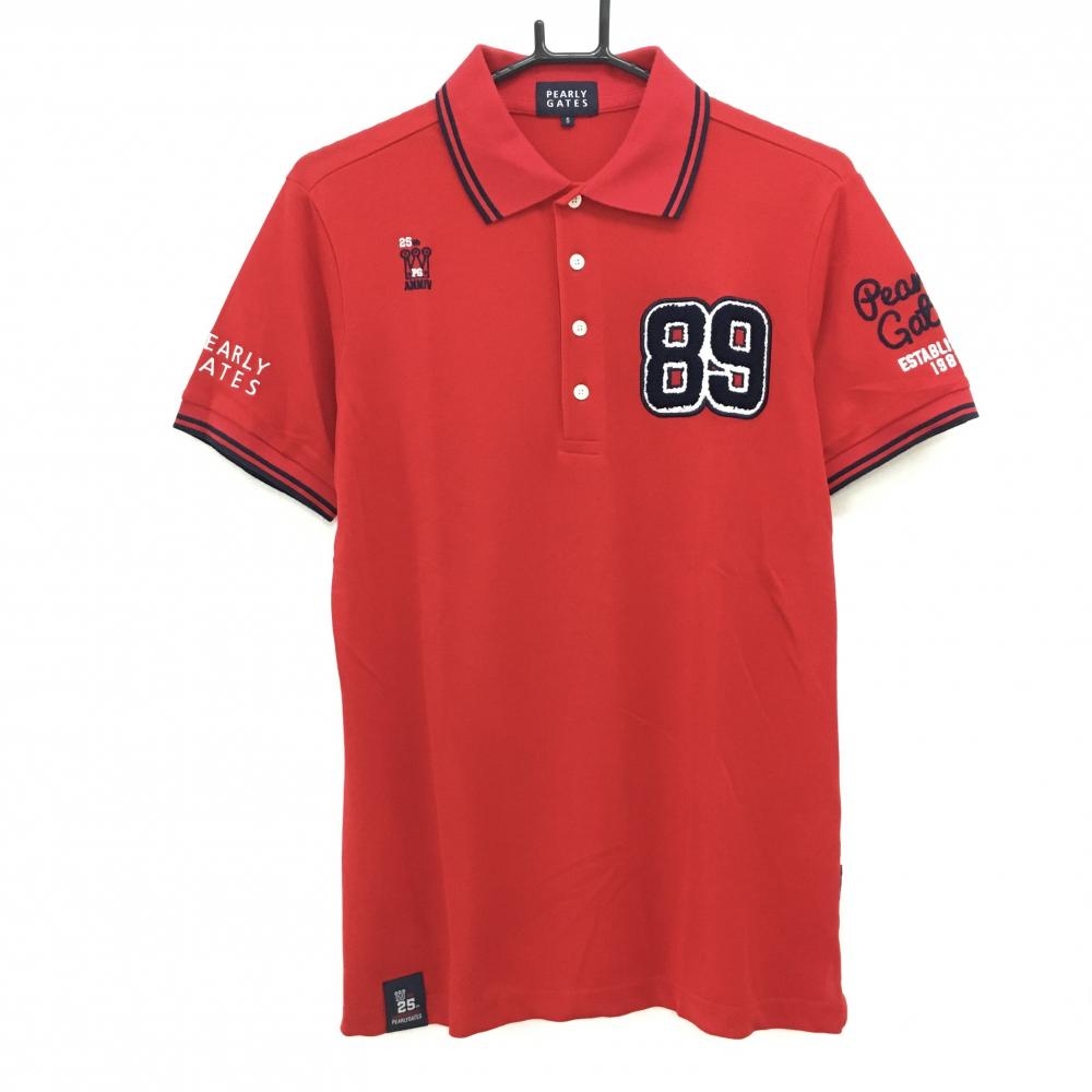 【超美品】パーリーゲイツ 半袖ポロシャツ レッド ロゴネイビー さがら刺しゅう  メンズ 5(L) ゴルフウェア PEARLY GATES