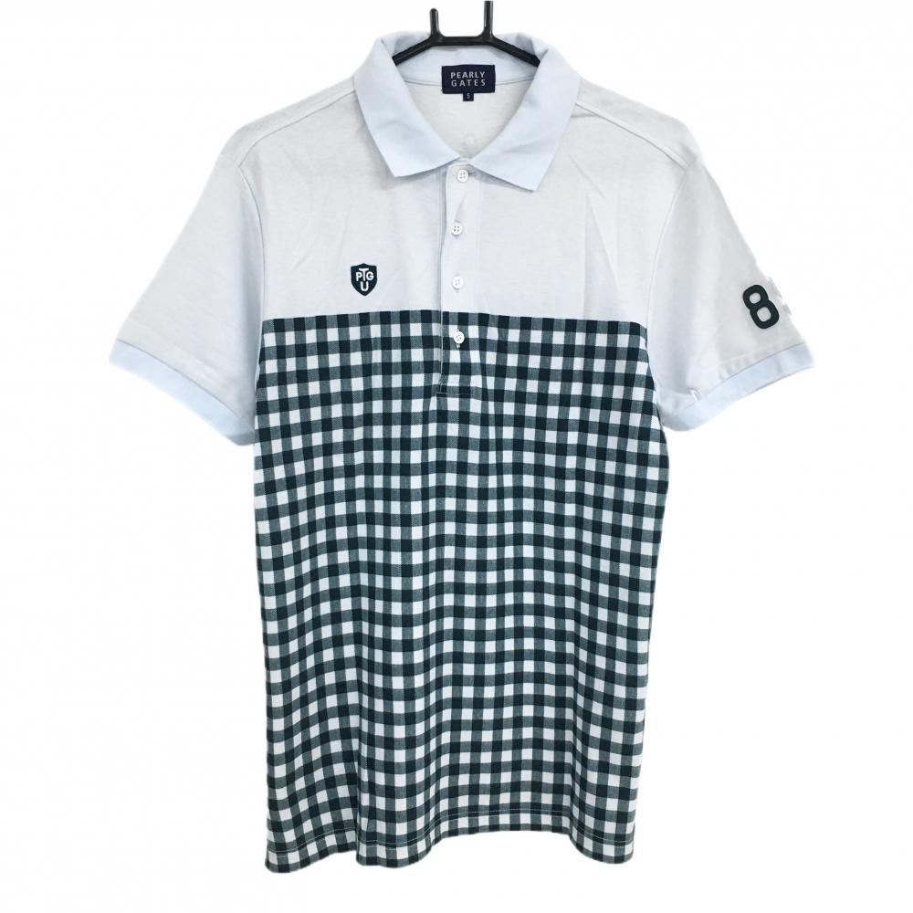 【美品】パーリーゲイツ 半袖ポロシャツ ライトブルー×ネイビー 胸下ギンガムチェック ロゴ メンズ 5(L) ゴルフウェア PEARLY GATES