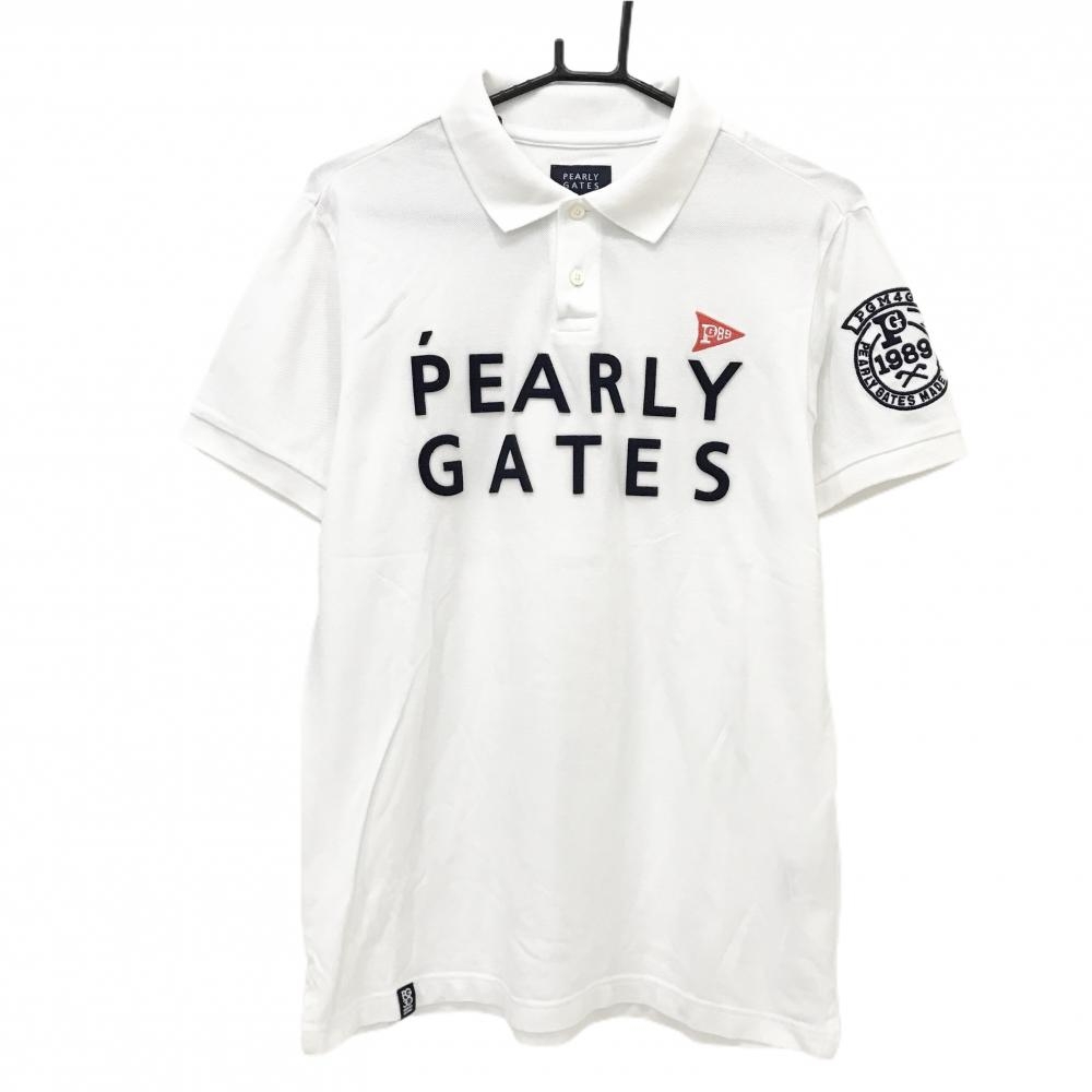 【美品】パーリーゲイツ 半袖ポロシャツ 白×ネイビー フェルトロゴ 30周年 メンズ 5(L) ゴルフウェア PEARLY GATES