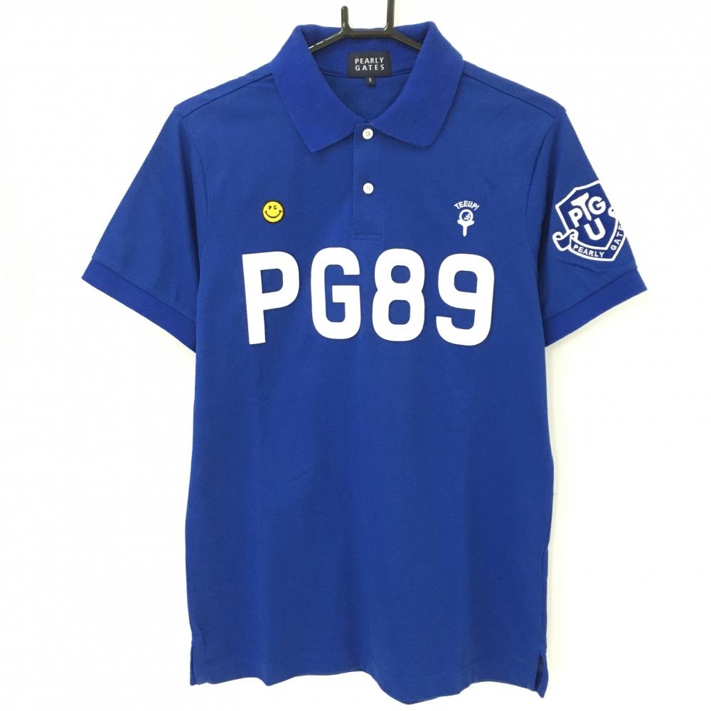 【美品】パーリーゲイツ 半袖ポロシャツ ブルー×白 フェルトロゴ メンズ 5(L) ゴルフウェア PEARLY GATES