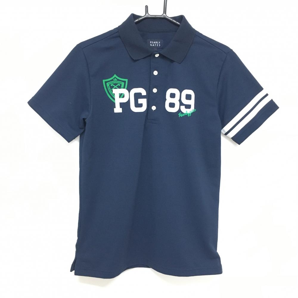 【美品】パーリーゲイツ 半袖ポロシャツ ネイビー×白 フェルトワッペン 袖ライン メンズ 5(L) ゴルフウェア PEARLY GATES