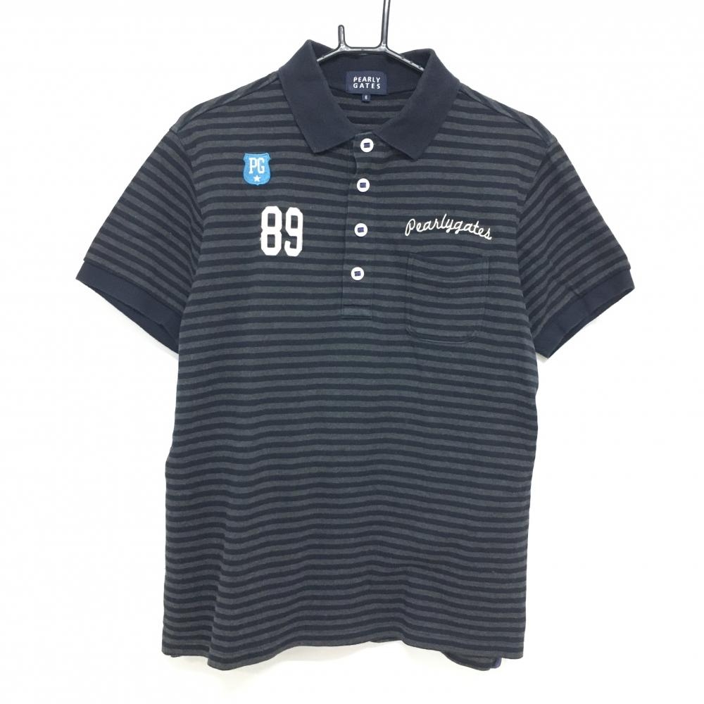 パーリーゲイツ 半袖ポロシャツ ダークグレー×ネイビー ボーダー 胸ポケット メンズ 6(XL) ゴルフウェア PEARLY GATES