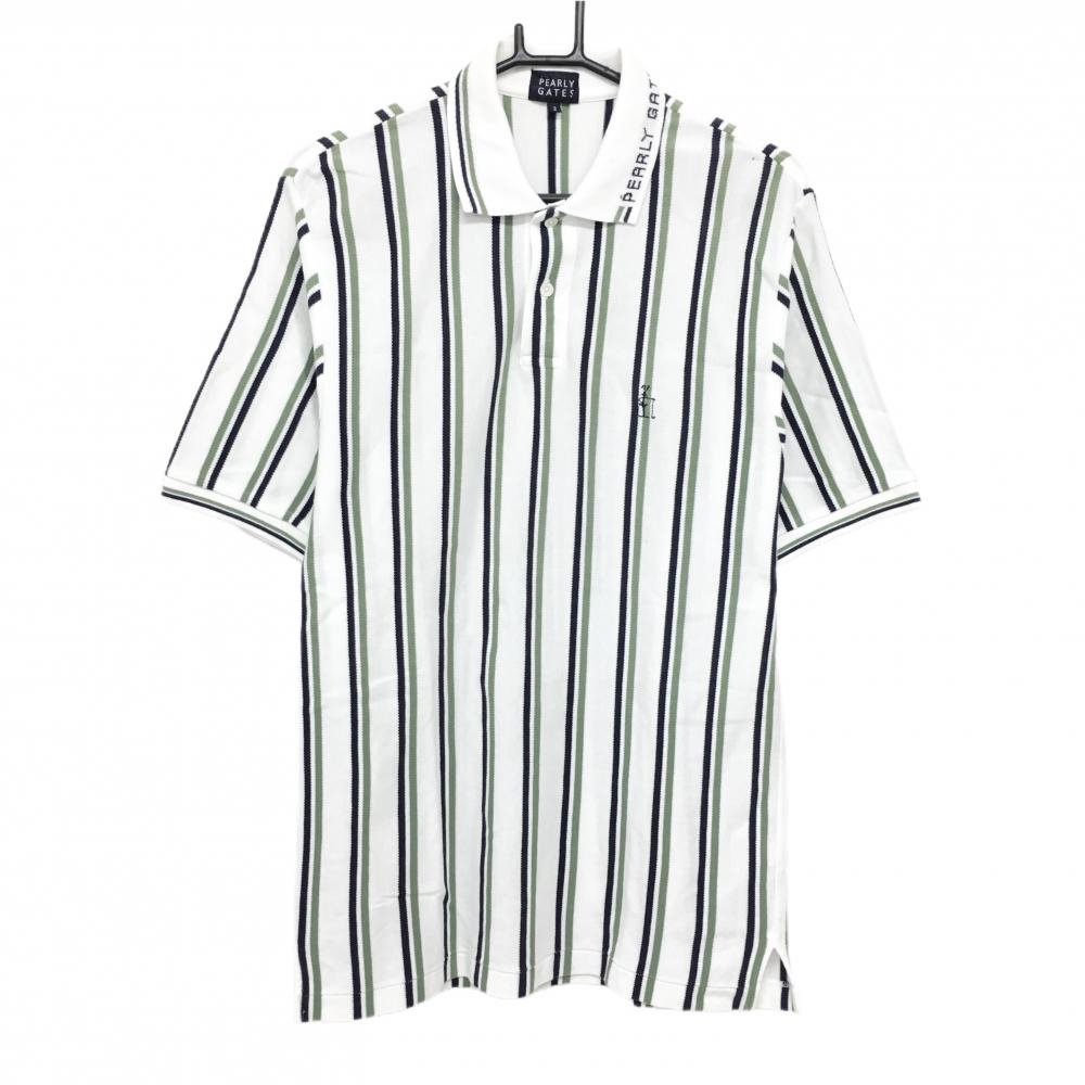 パーリーゲイツ 半袖ポロシャツ 白×ネイビー×グリーン系 ストライプ 胸ロゴ 襟汚れ メンズ 2(L) ゴルフウェア PEARLY GATES