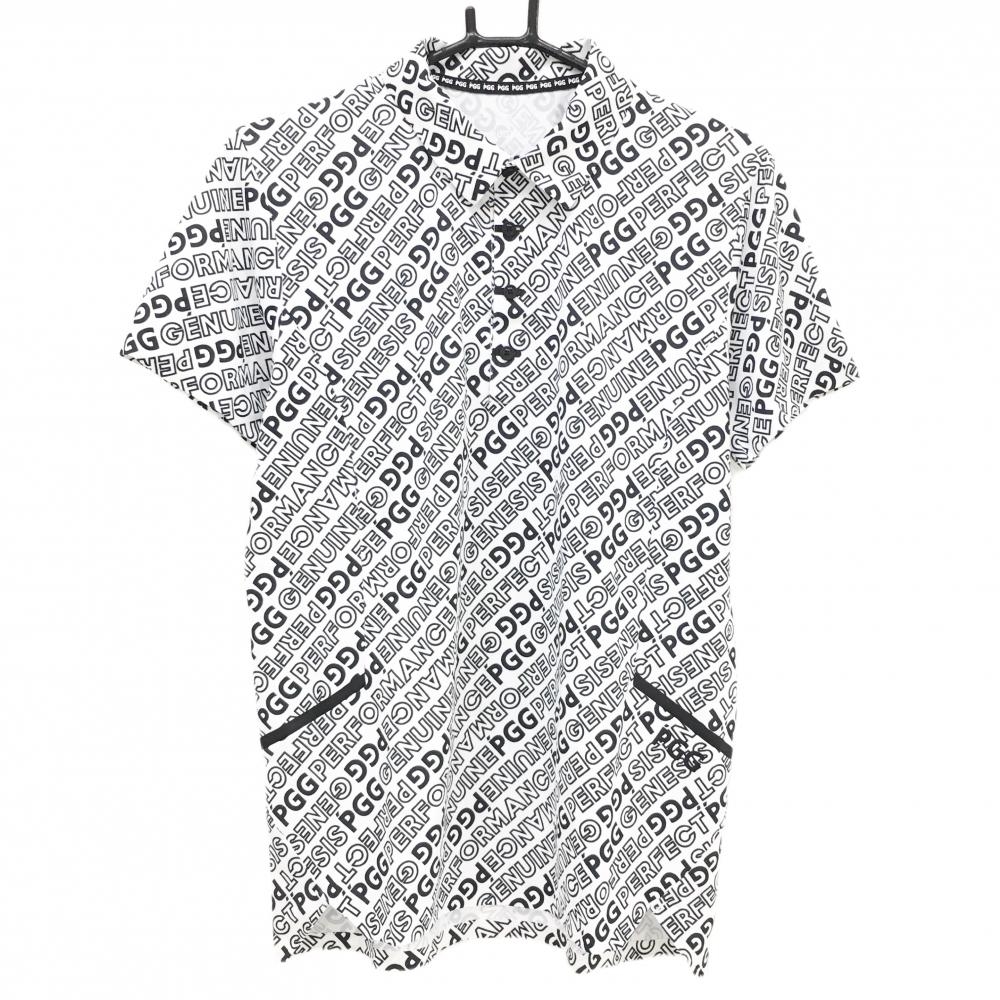 【超美品】PGGパーリーゲイツ 半袖ポロシャツ 白×黒 英字総柄 メンズ 4(M) ゴルフウェア PEARLY GATES