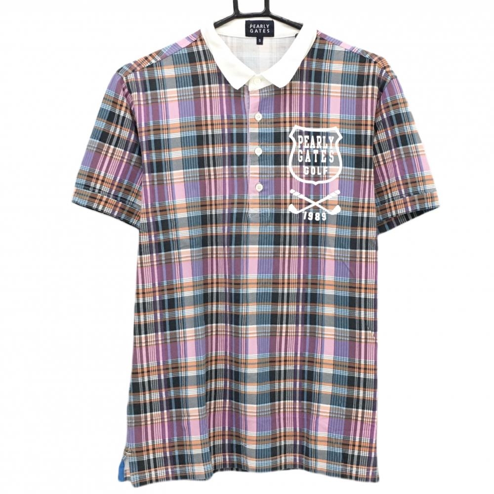 【美品】パーリーゲイツ 半袖ポロシャツ ピンク×オレンジ チェック メンズ 5(L) ゴルフウェア PEARLY GATES