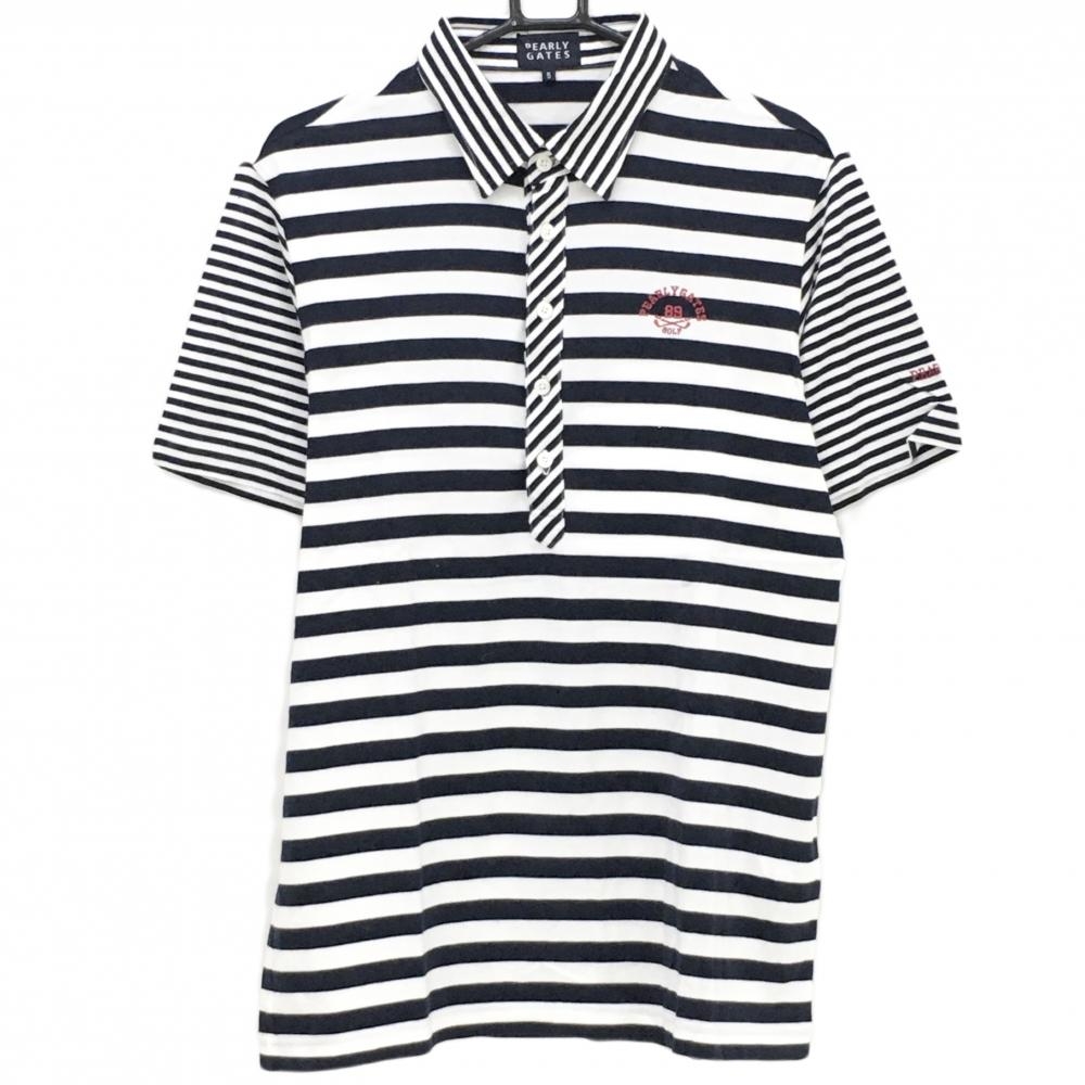 【美品】パーリーゲイツ 半袖ポロシャツ パーリーゲイツ ネイビー×白 ボーダー コットン100% メンズ 5(L) ゴルフウェア PEARLY GATES