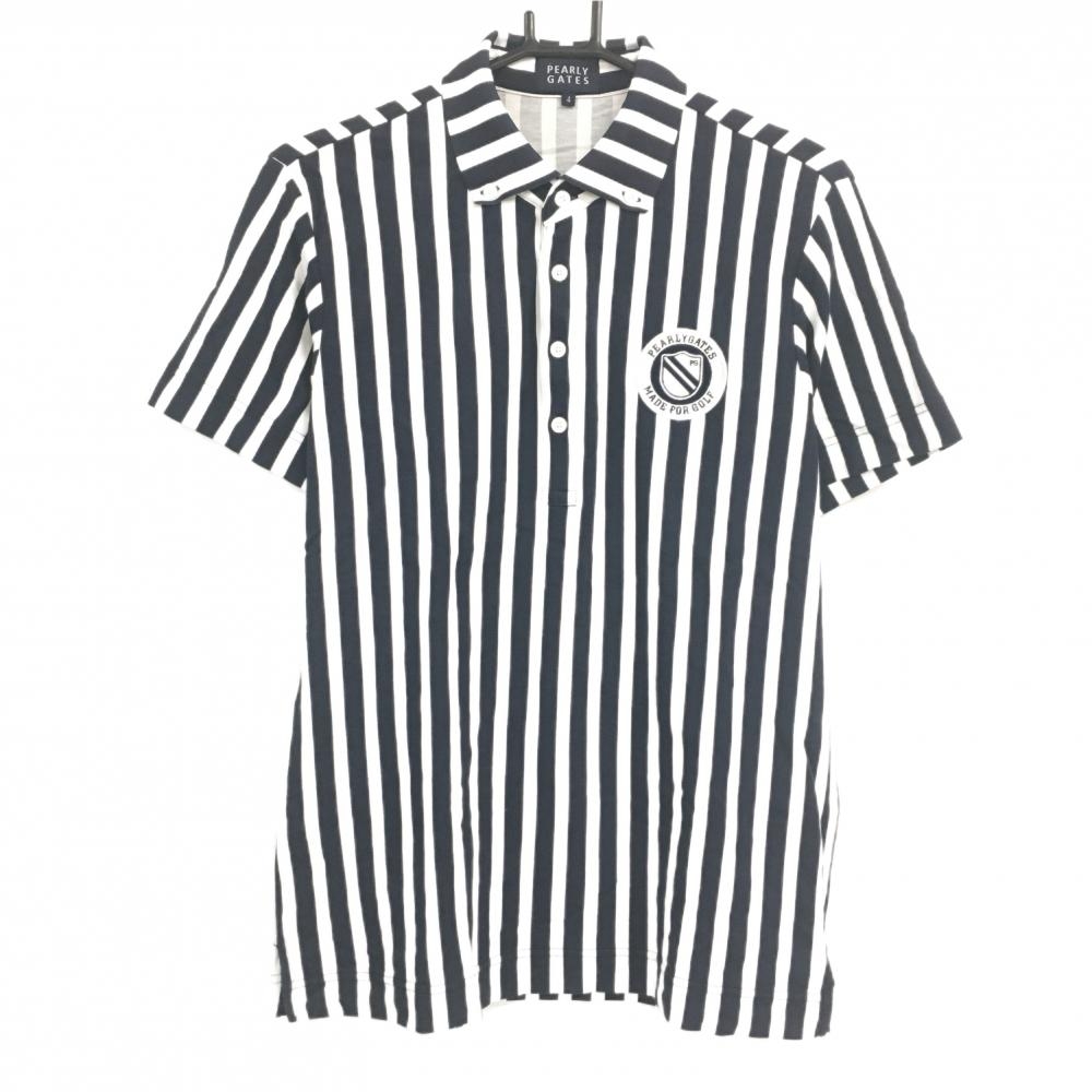 【超美品】パーリーゲイツ 半袖ポロシャツ 白×ネイビー ストライプ ボタンダウン  メンズ 4(L) ゴルフウェア PEARLY GATES