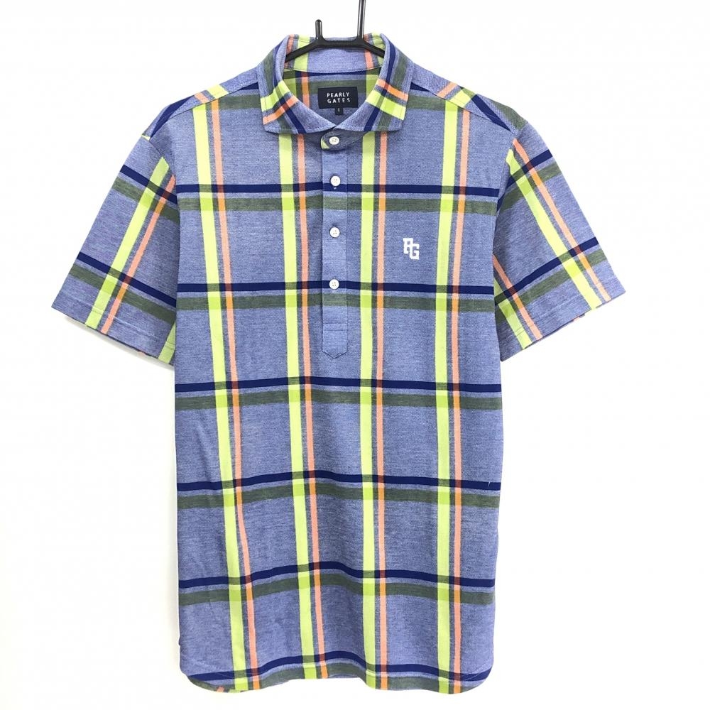 【超美品】パーリーゲイツ 半袖ポロシャツ ブルー×ライトグリーン チェック 織生地 メンズ 6(XL) ゴルフウェア PEARLY GATES