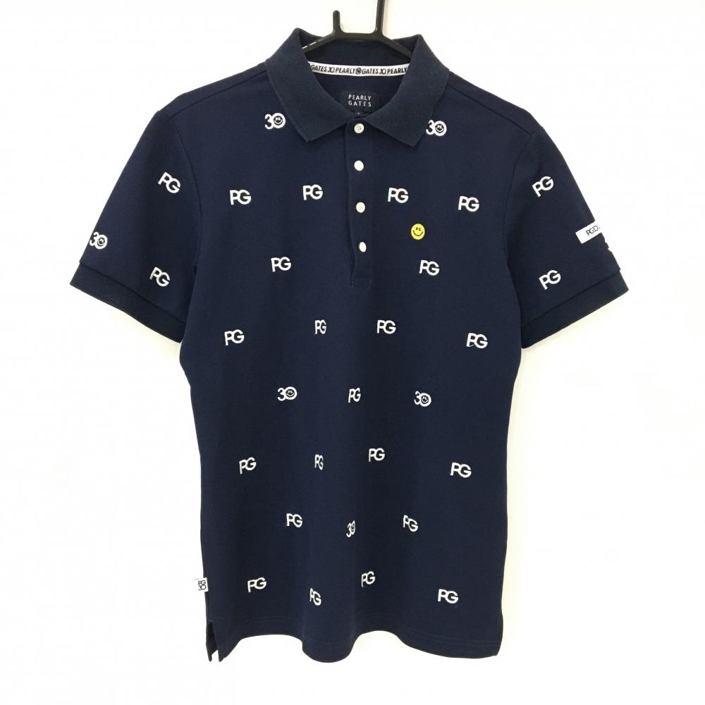 パーリーゲイツ 半袖ポロシャツ ネイビー ロゴ総柄刺しゅう ニコちゃん スマイル  メンズ 5(L) ゴルフウェア PEARLY GATES
