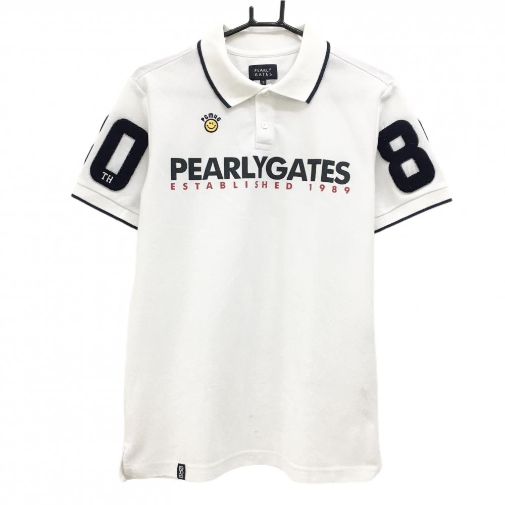 パーリーゲイツ 半袖ポロシャツ 白×ネイビー ビッグロゴ ニコちゃん スマイル 30周年  メンズ 5(L) ゴルフウェア PEARLY GATES