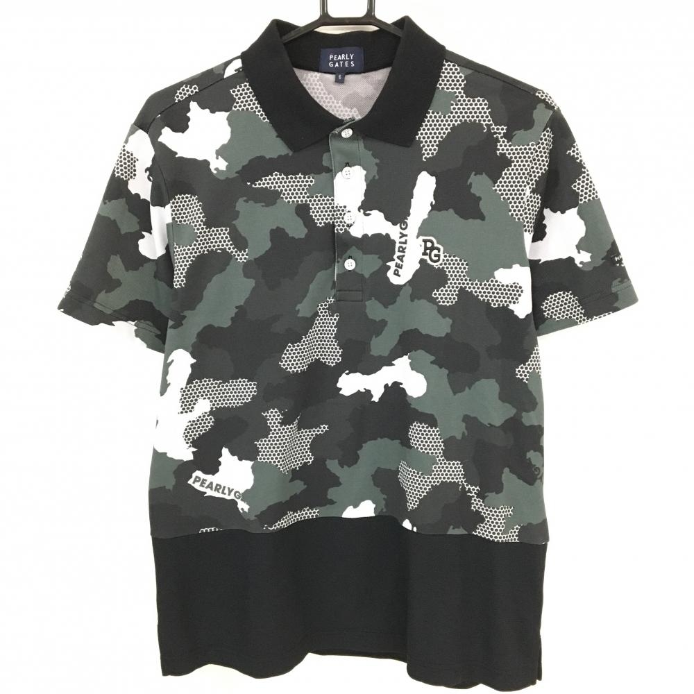 パーリーゲイツ 半袖ポロシャツ 黒×グレー×白 迷彩 カモフラ ドット メンズ 6(XL) ゴルフウェア PEARLY GATES