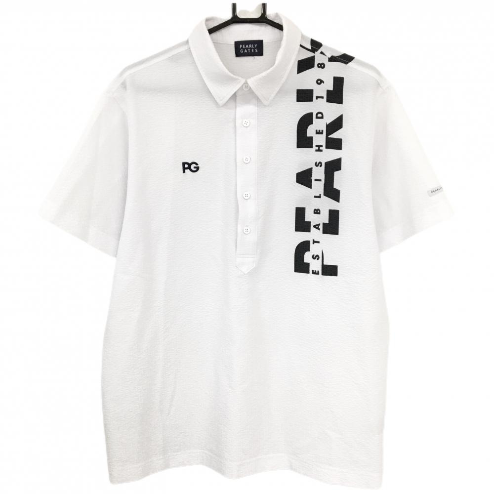 【美品】パーリーゲイツ 半袖ポロシャツ 白×黒 サッカー生地 ビッグロゴ メンズ 7(2XL) ゴルフウェア PEARLY GATES