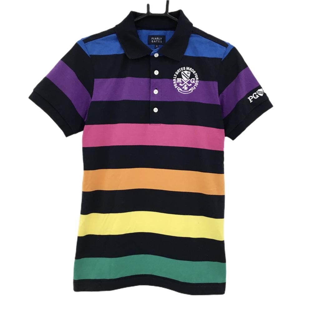 【美品】パーリーゲイツ 半袖ポロシャツ ネイビー×マルチカラー ボーダー メンズ 4(M) ゴルフウェア PEARLY GATES