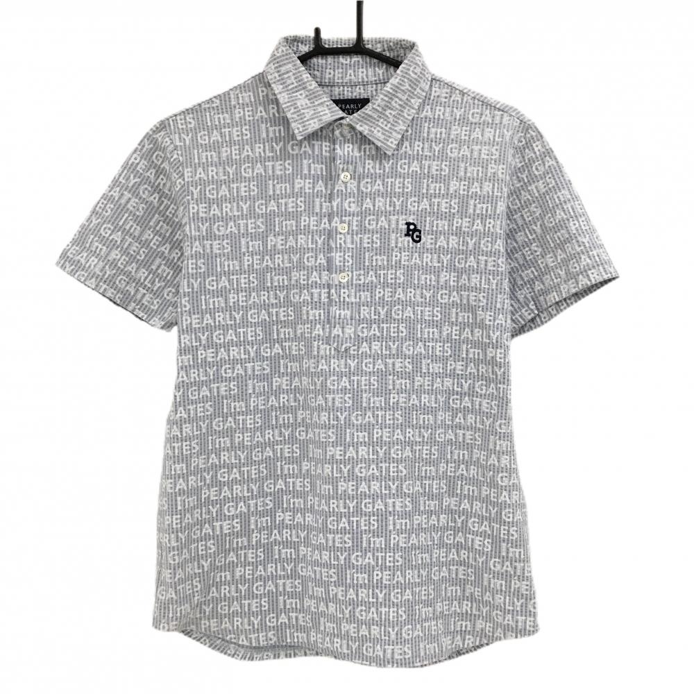 パーリーゲイツ 半袖ポロシャツ ブルーグレー×白 ロゴ総柄 ストライプ サッカー生地 メンズ 4(M) ゴルフウェア PEARLY GATES