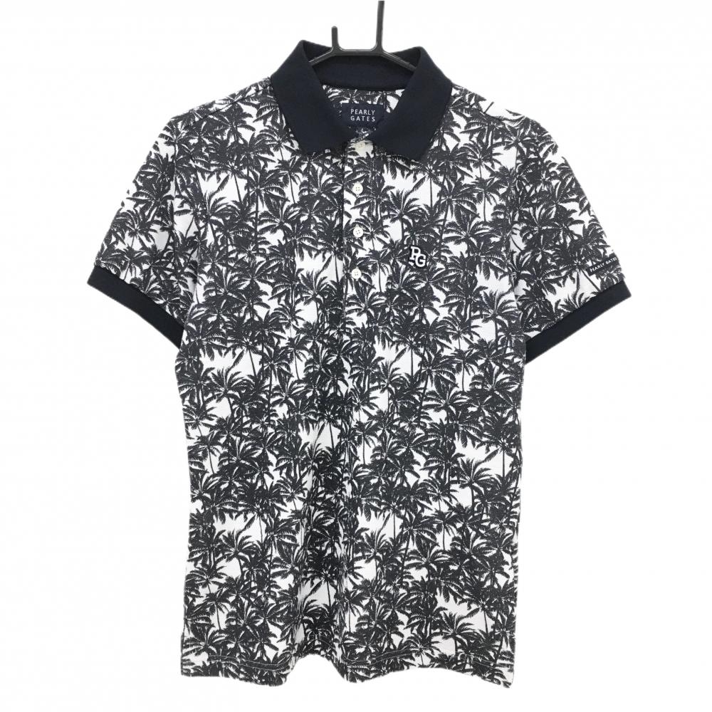 パーリーゲイツ 半袖ポロシャツ ネイビー×白 ヤシの木総柄 メンズ 4(M) ゴルフウェア PEARLY GATES