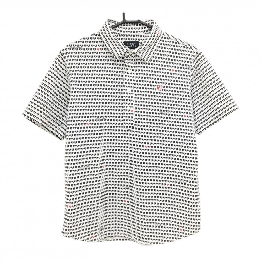 【美品】パーリーゲイツ 半袖ポロシャツ 白×黒×レッド ブレイクハート総柄 メンズ 5(L) ゴルフウェア PEARLY GATES