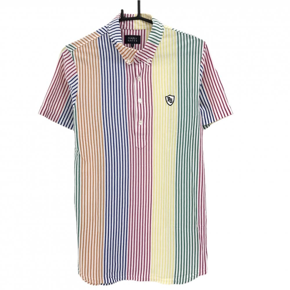 パーリーゲイツ 半袖ポロシャツ 白×マルチカラー ストライプ ボタンダウン メンズ 5(L) ゴルフウェア PEARLY GATES