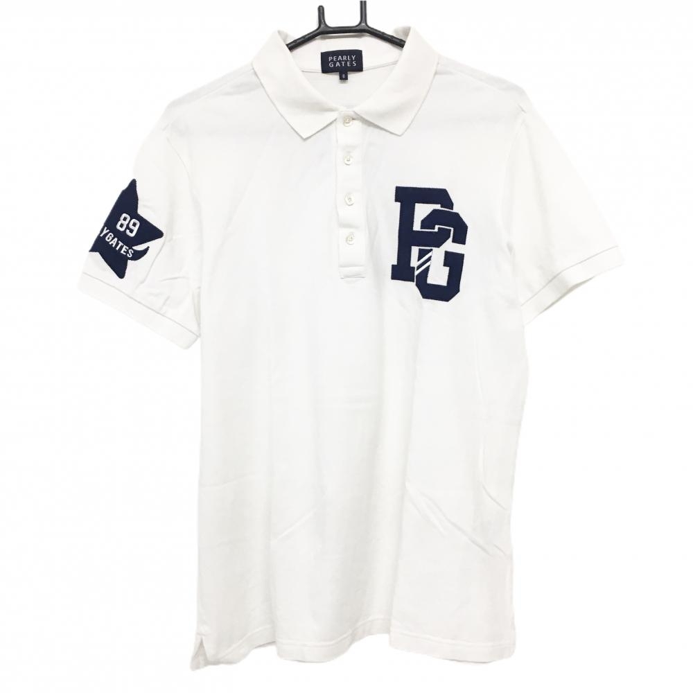 パーリーゲイツ 半袖ポロシャツ 白×ネイビー ワッペン 星  メンズ 6(XL) ゴルフウェア PEARLY GATES