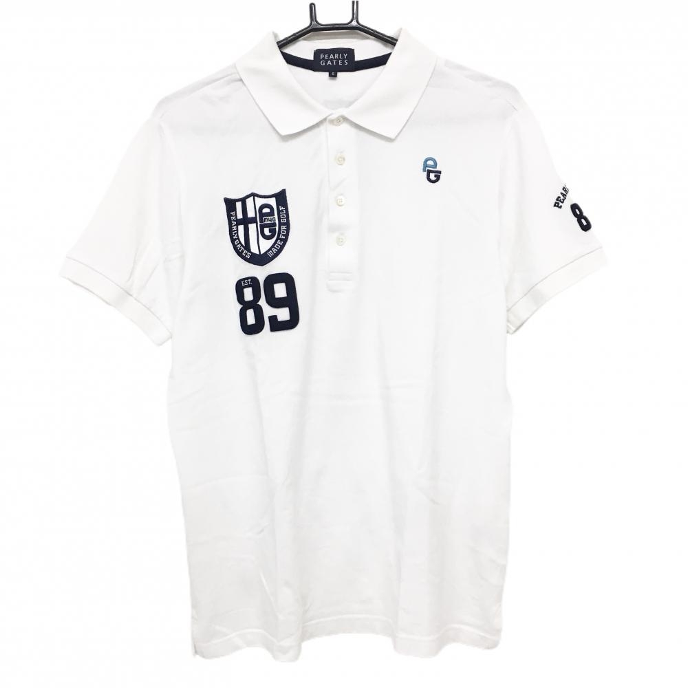 【美品】パーリーゲイツ 半袖ポロシャツ 白×ネイビー ワッペン ニコちゃん スマイル  メンズ 6(XL) ゴルフウェア PEARLY GATES