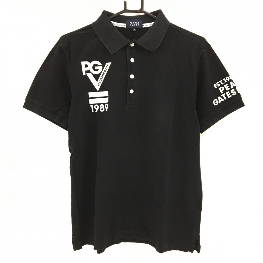 パーリーゲイツ 半袖ポロシャツ  黒×白 フロッキーワッペン メンズ 5(L) ゴルフウェア PEARLY GATES