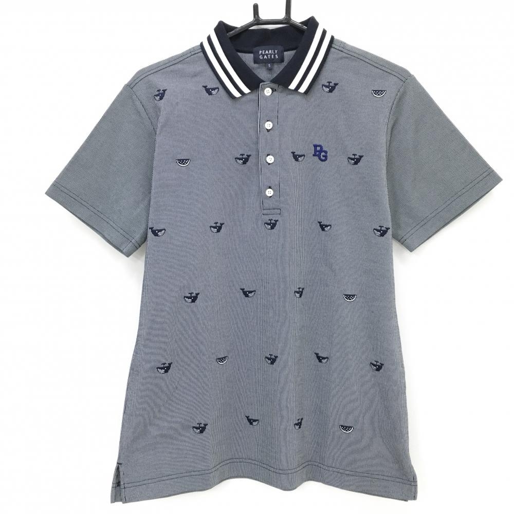 【美品】パーリーゲイツ 半袖ポロシャツ ネイビー 前身頃くじら総柄 メンズ 5(L) ゴルフウェア PEARLY GATES