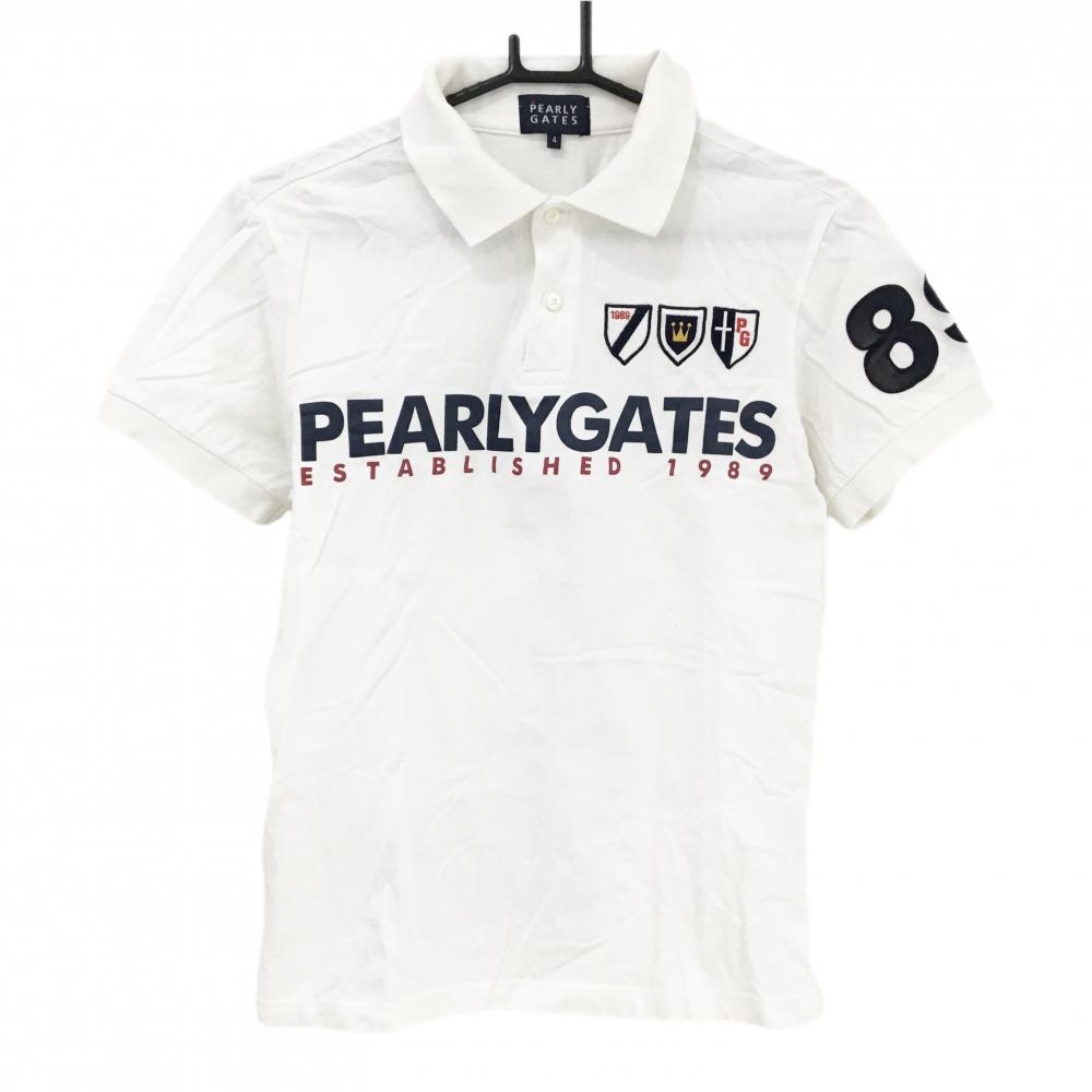 パーリーゲイツ 半袖ポロシャツ 白×ネイビー フロントロゴ 襟裏フライングラビット メンズ 4(M) ゴルフウェア PEARLY GATES