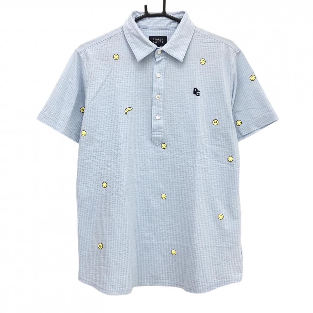 【超美品】パーリーゲイツ 半袖ポロシャツ ライトブルー×白×イエロー ストライプ  メンズ 6(XL) ゴルフウェア 2025年モデル PEARLY GATES