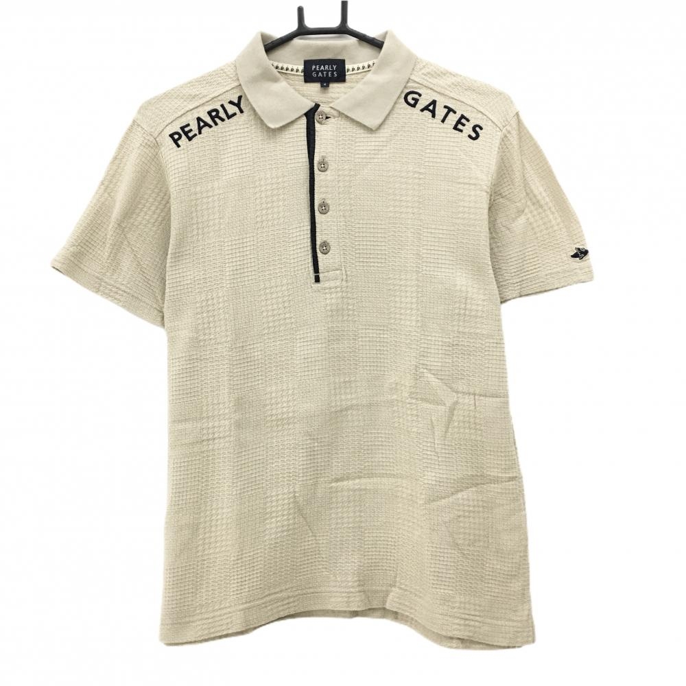 【美品】パーリーゲイツ 半袖ポロシャツ ベージュ チェック織生地 ロゴネイビー コットン100%  メンズ 4(M) ゴルフウェア PEARLY GATES