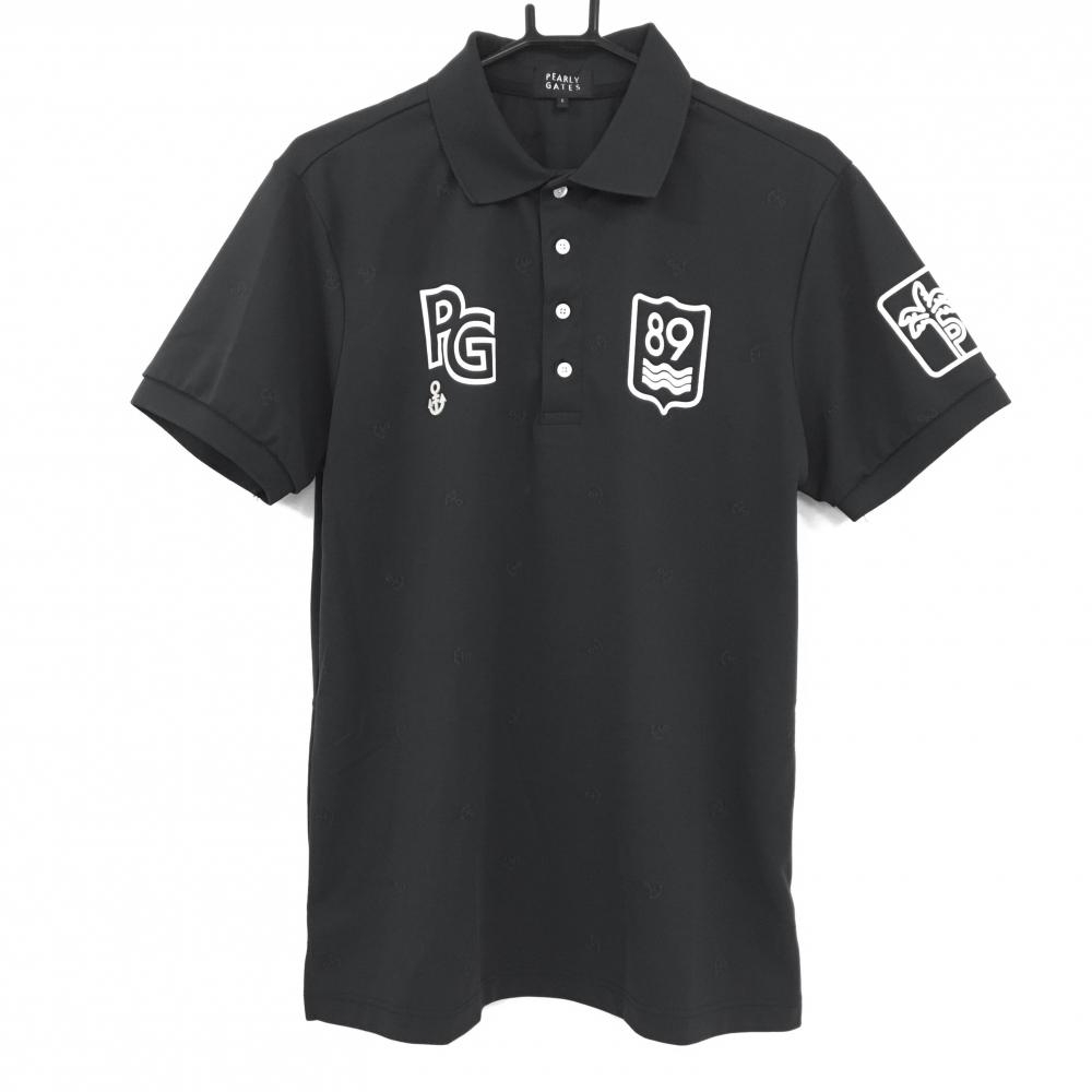 【美品】パーリーゲイツ 半袖ポロシャツ 黒系 総柄 イカリ ロゴ白 メンズ 6(XL) ゴルフウェア 2025年モデル PEARLY GATES