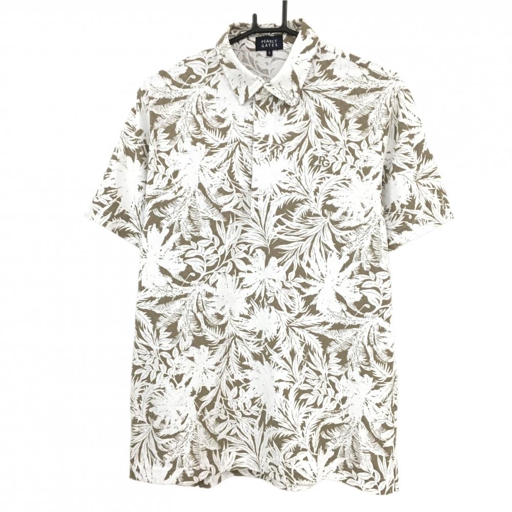 パーリーゲイツ 半袖ポロシャツ ブラウン系×白 総柄 リーフ 胸ロゴ メンズ 6(XL) ゴルフウェア PEARLY GATES