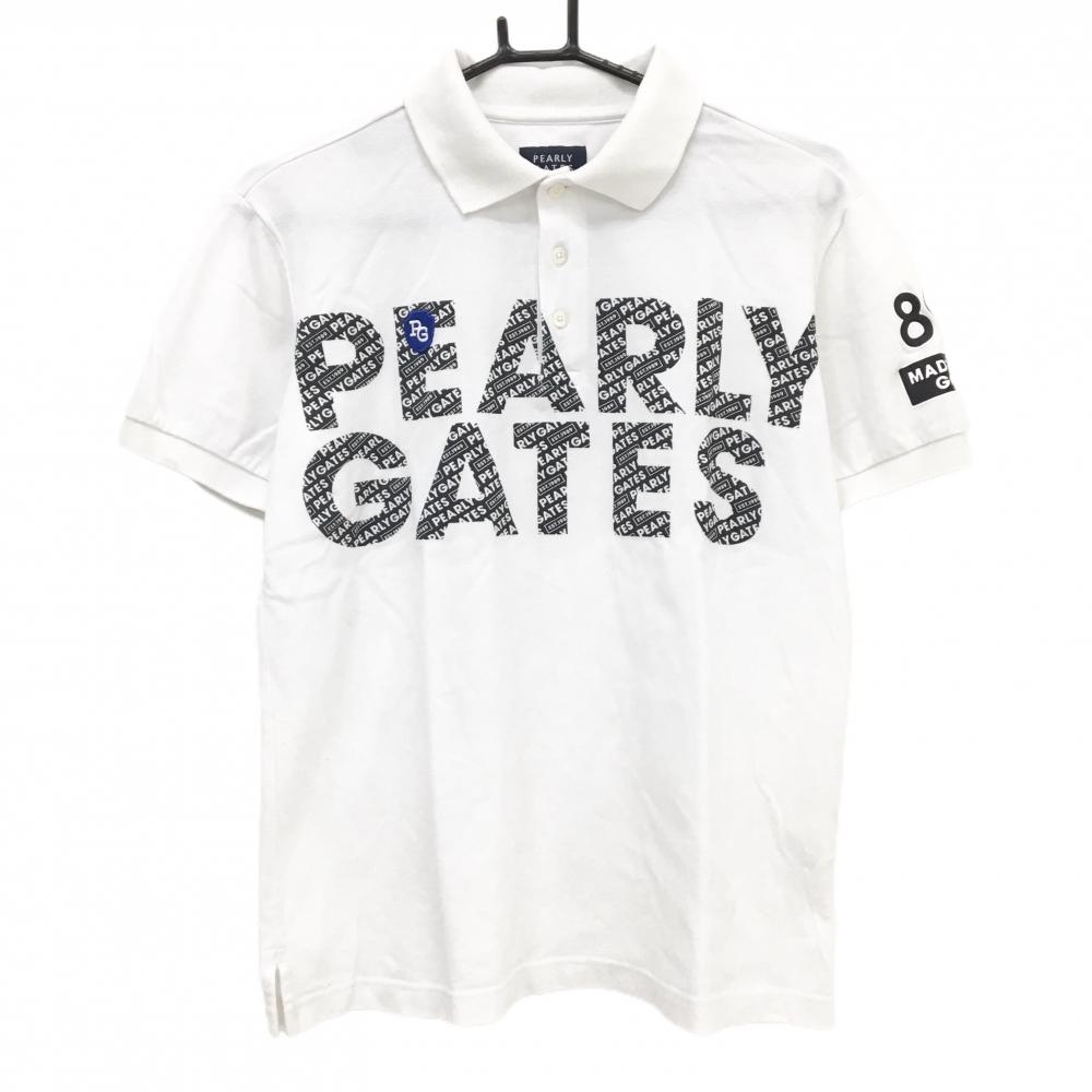 パーリーゲイツ 半袖ポロシャツ 白×黒 フロントロゴ総柄 メンズ 4(M) ゴルフウェア PEARLY GATES