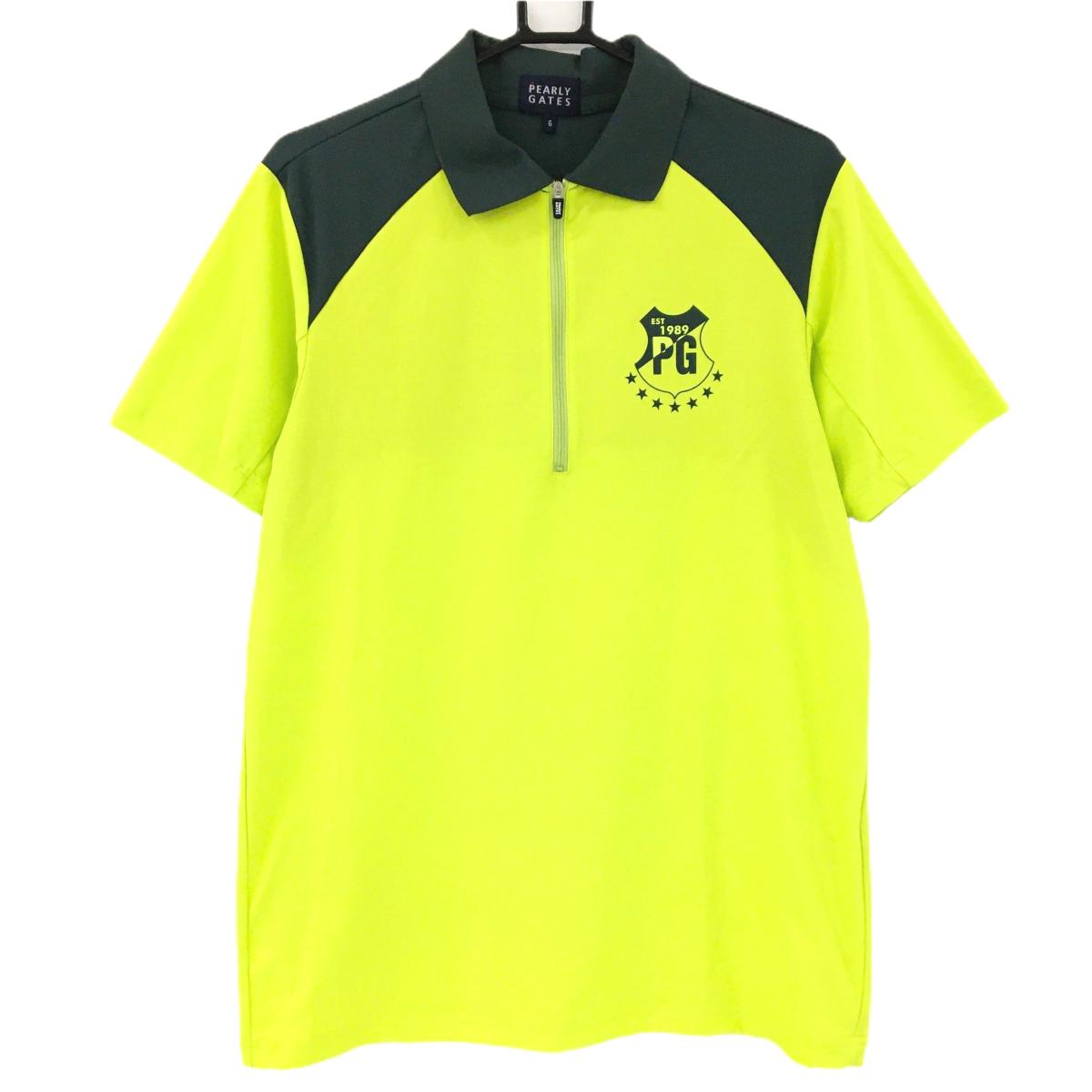 【美品】パーリーゲイツ 半袖ポロシャツ イエローグリーン×カーキ ハーフジップ 裾ドローコード メンズ 6(XL) ゴルフウェア PEARLY GATES
