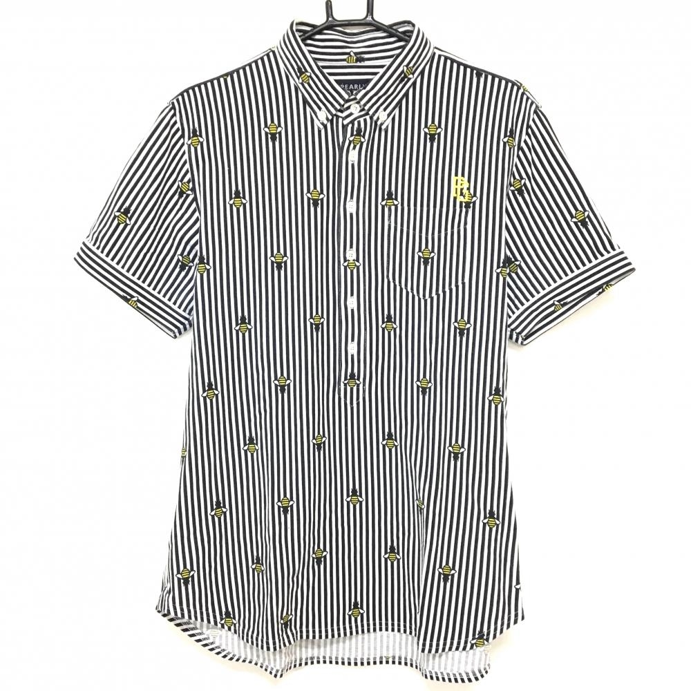 パーリーゲイツ 半袖ポロシャツ ネイビー×白 ストライプ ハチ総柄 ボタンダウン コットン100％ メンズ 7(2XL) ゴルフウェア PEARLY GATES