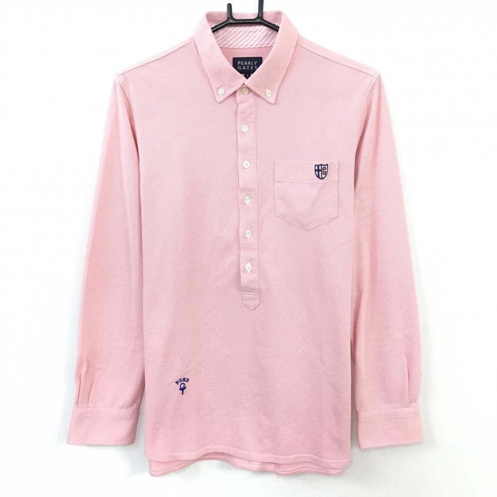 PEARLY GATES パーリーゲイツ 長袖ポロシャツ ピンク×ネイビー 織生地 ボタンダウン メンズ 5(L) ゴルフウェア
