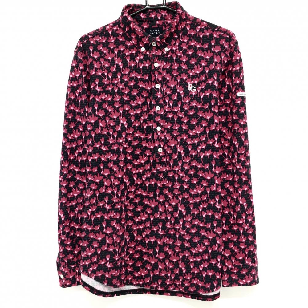 パーリーゲイツ 長袖ポロシャツ 黒×ピンク 花柄 ロゴ総柄 メンズ 6(XL) ゴルフウェア PEARLY GATES