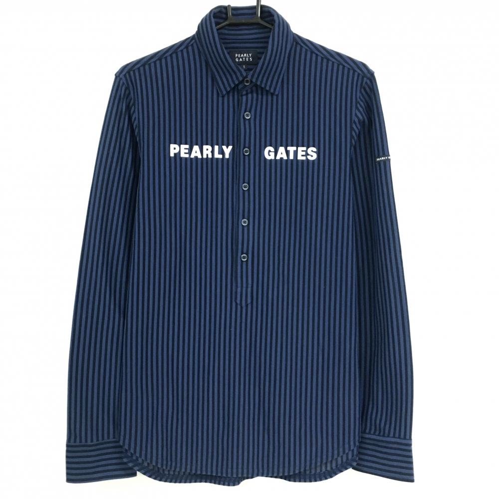 【超美品】パーリーゲイツ 長袖ポロシャツ ネイビー ストライプ コットン混 メンズ 5(L) ゴルフウェア PEARLY GATES