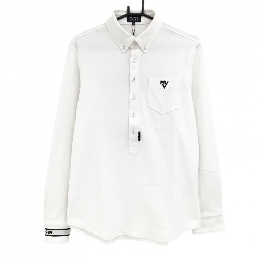 【新品】パーリーゲイツ 長袖ポロシャツ 白×ネイビー 胸ポケット ボタンダウン メンズ 5(L) ゴルフウェア PEARLY GATES