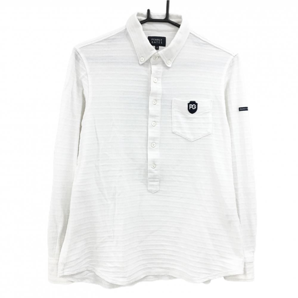 パーリーゲイツ 長袖ポロシャツ 白 ボーダー織生地 胸ポケット ボタンダウン メンズ 4(M) ゴルフウェア PEARLY GATES