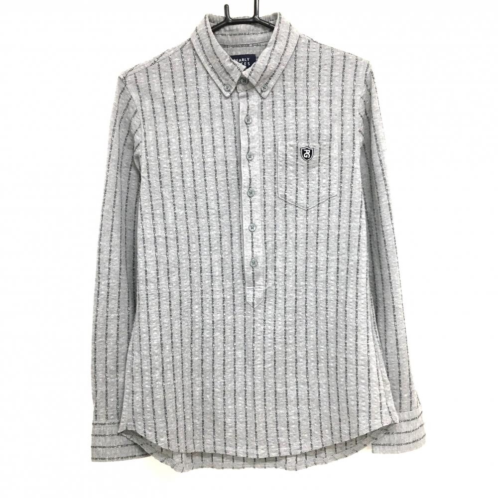 【超美品】パーリーゲイツ 長袖ポロシャツ グレー×ダークネイビー ロゴストライプ ボタンダウン  メンズ 4(M) ゴルフウェア PEARLY GATES