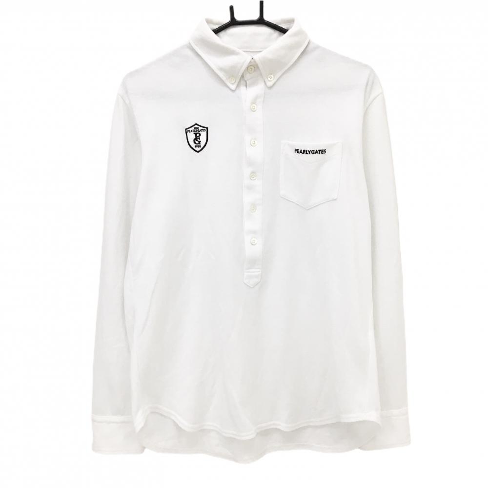 【美品】パーリーゲイツ 長袖ポロシャツ 白×黒 ロゴワッペン ボタンダウン メンズ 5(L) ゴルフウェア PEARLY GATES