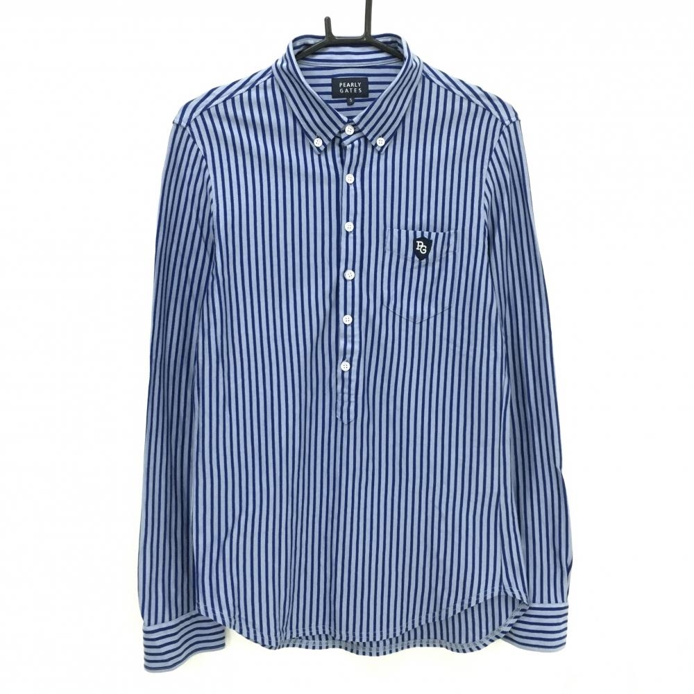 【超美品】パーリーゲイツ 長袖ポロシャツ ブルー ストライプ ボタンダウン  メンズ 5(L) ゴルフウェア PEARLY GATES