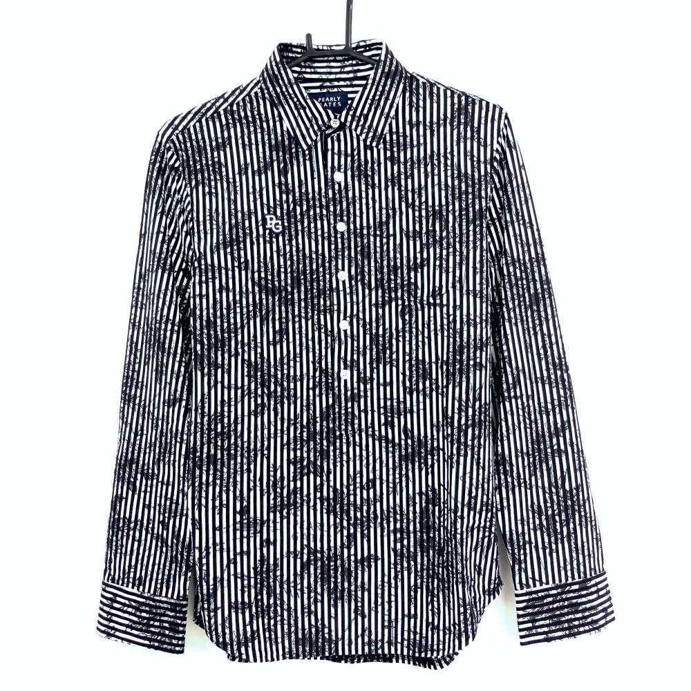 【超美品】パーリーゲイツ 長袖ポロシャツ 白×ダークネイビー 総柄 ストライプ 胸ポケット メンズ L ゴルフウェア PEARLY GATES