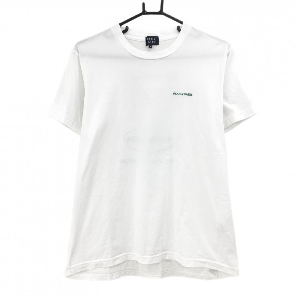 【美品】パーリーゲイツ Tシャツ 白×グリーン ニコちゃん スマイル コットン混 バックプリント メンズ 4(M) ゴルフウェア PEARLY GATES