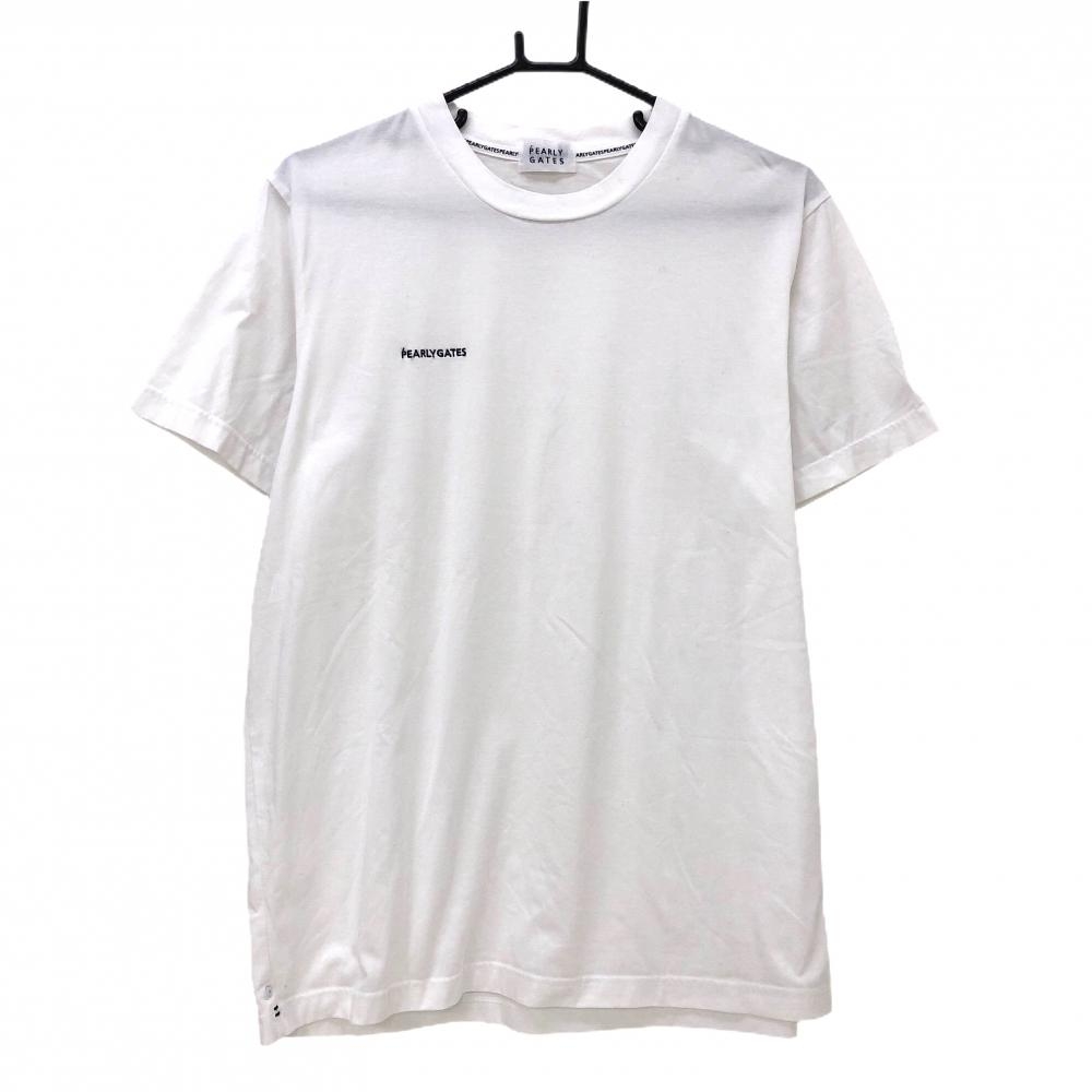 【美品】パーリーゲイツ Tシャツ 白 コットン混 ロゴネイビー メンズ 5(L) ゴルフウェア PEARLY GATES
