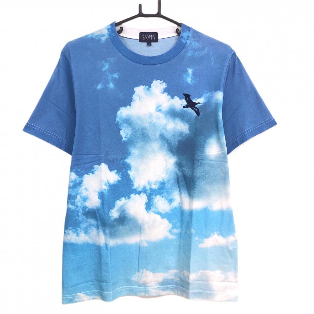 【美品】パーリーゲイツ Tシャツ ブルー×白 空総柄 コットン100％ メンズ 4(M) ゴルフウェア PEARLY GATES