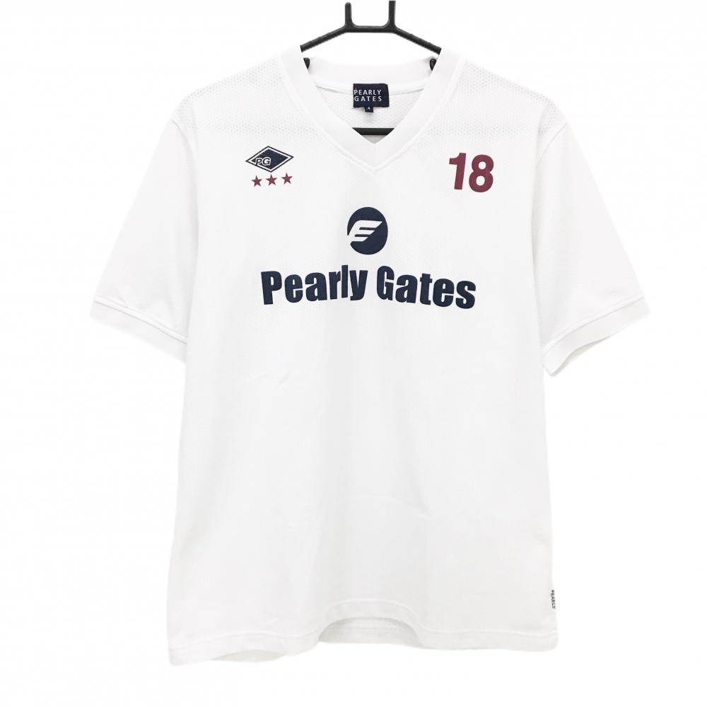 【超美品】パーリーゲイツ Tシャツ 白×ネイビー メッシュ フロントロゴ Vネック メンズ 4(M) ゴルフウェア PEARLY GATES