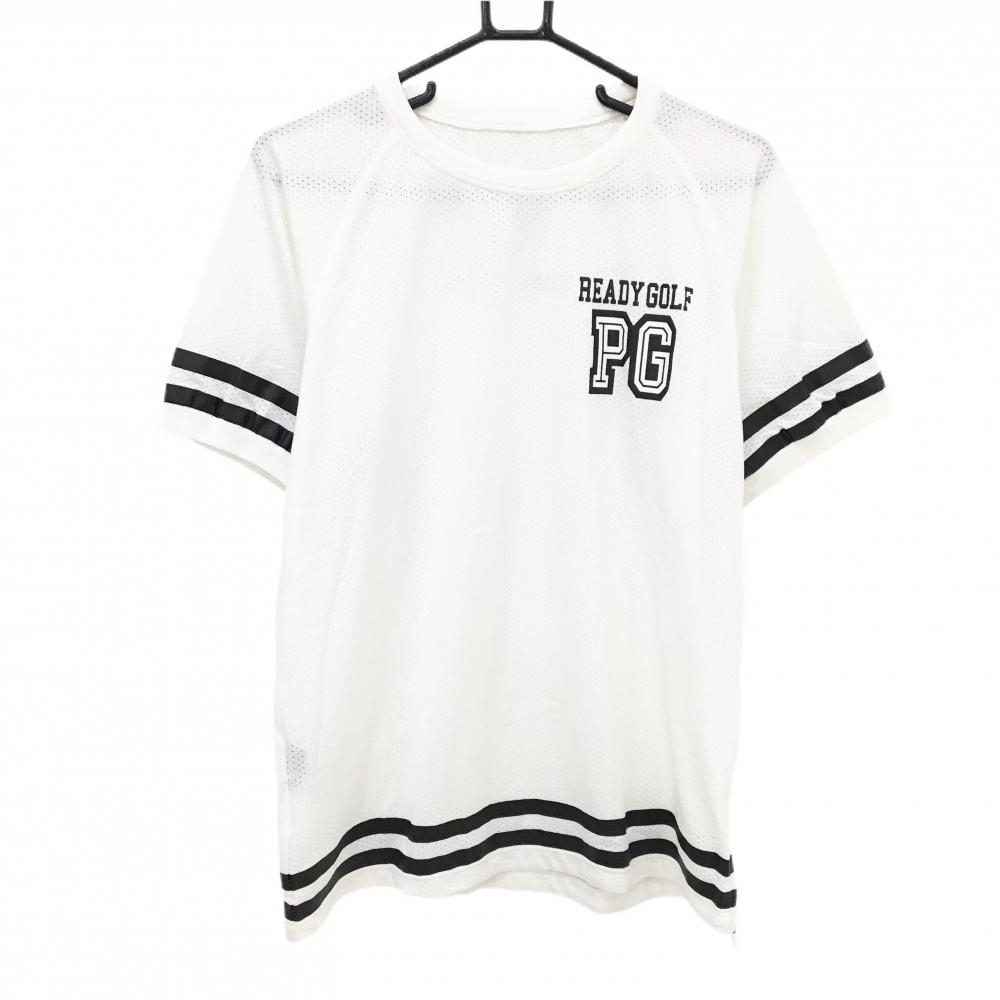 【美品】パーリーゲイツ Tシャツ 白×黒 メッシュ 袖ライン メンズ 5(L) ゴルフウェア サンプル品 PEARLY GATES