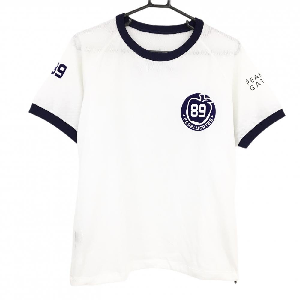 【超美品】パーリーゲイツ Tシャツ 白×ネイビー メッシュ地 りんごワッペン メンズ 4(M) ゴルフウェア サンプル品 PEARLY GATES